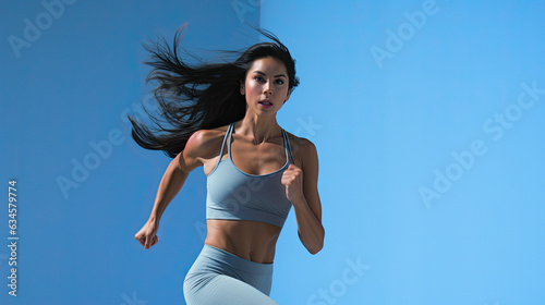 woman with long black hair and yoga pants is running towards