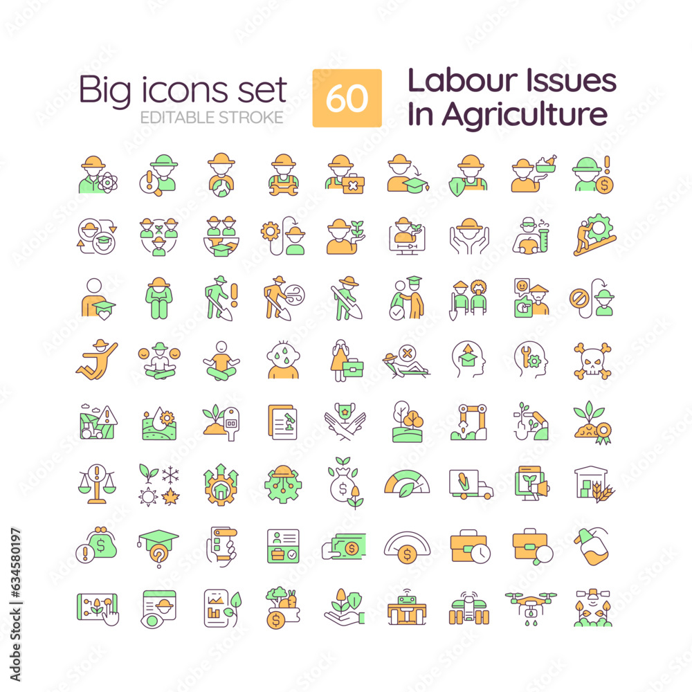 Labour issues in agriculture RGB color icons set. Farm industry. Agricultural field. Manual labor. Isolated vector illustrations. Simple filled line drawings collection. Editable stroke Labour issues in agriculture RGB color icons set. Farm industry. Agricultural field. Manual labor. Isolated vector illustrations. Simple filled line drawings collection. Editable stroke