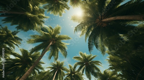 Tropical background with palm tree and sky. 