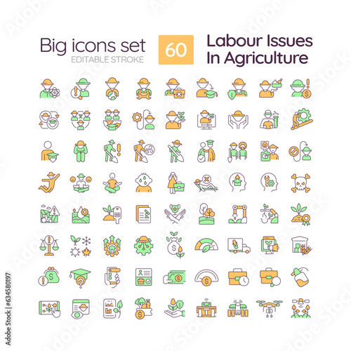 Labour issues in agriculture RGB color icons set. Farm industry. Agricultural field. Manual labor. Isolated vector illustrations. Simple filled line drawings collection. Editable stroke © bsd studio