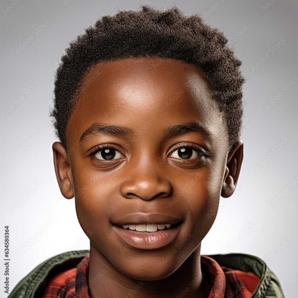 A professional studio head shot capturing the lively expression of an 8-year-old Zimbabwean boy with an infectious smile. A professional studio head shot capturing the lively expression of an 8-year-old Zimbabwean boy with an infectious smile.