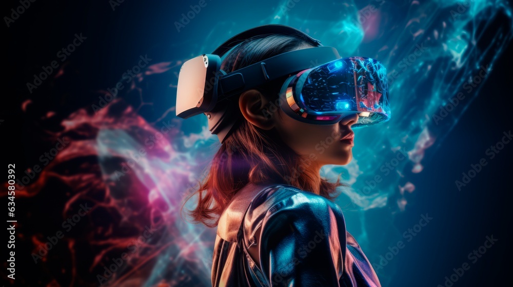 Futuristic background with a girl wearing virtual reality glasses. Futuristic background with a girl wearing virtual reality glasses.