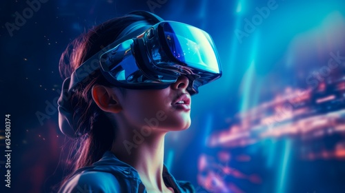 Futuristic background with a girl wearing virtual reality glasses.
