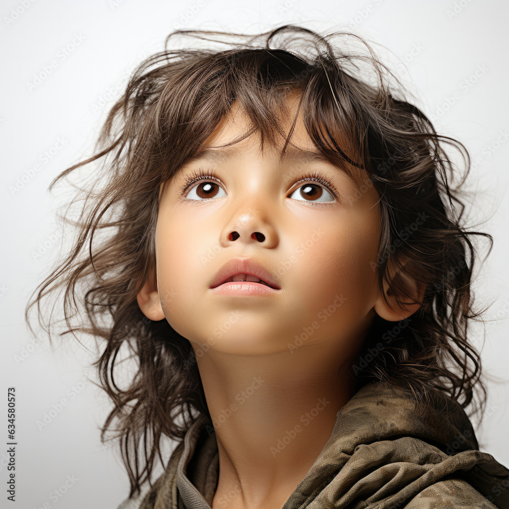 A professional studio head shot of a 7-year-old Uzbekistani boy lost in thought as he gazes up at the sky. A professional studio head shot of a 7-year-old Uzbekistani boy lost in thought as he gazes up at the sky.
