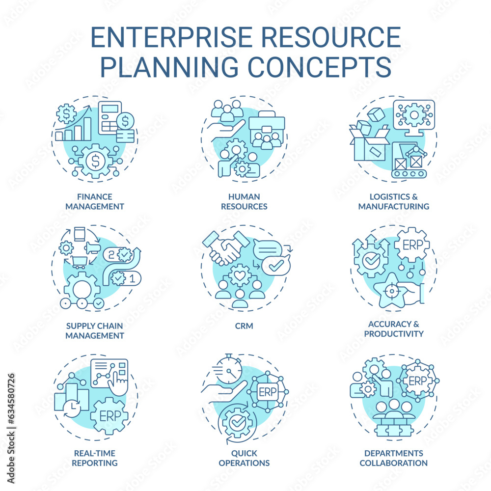 2D editable blue blue icons set representing enterprise resource planning concepts, isolated vector, thin line monochromatic illustration.
