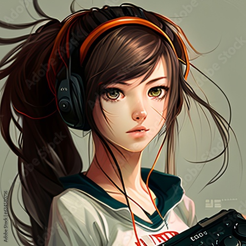 Anime Manga Gamer Girl Portrait with Headphones