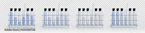 Realistic set of test tube racks isolated on transparent background. Vector illustration of chemical laboratory equipment with liquid substance and dropper, lab glassware for scientific experiment