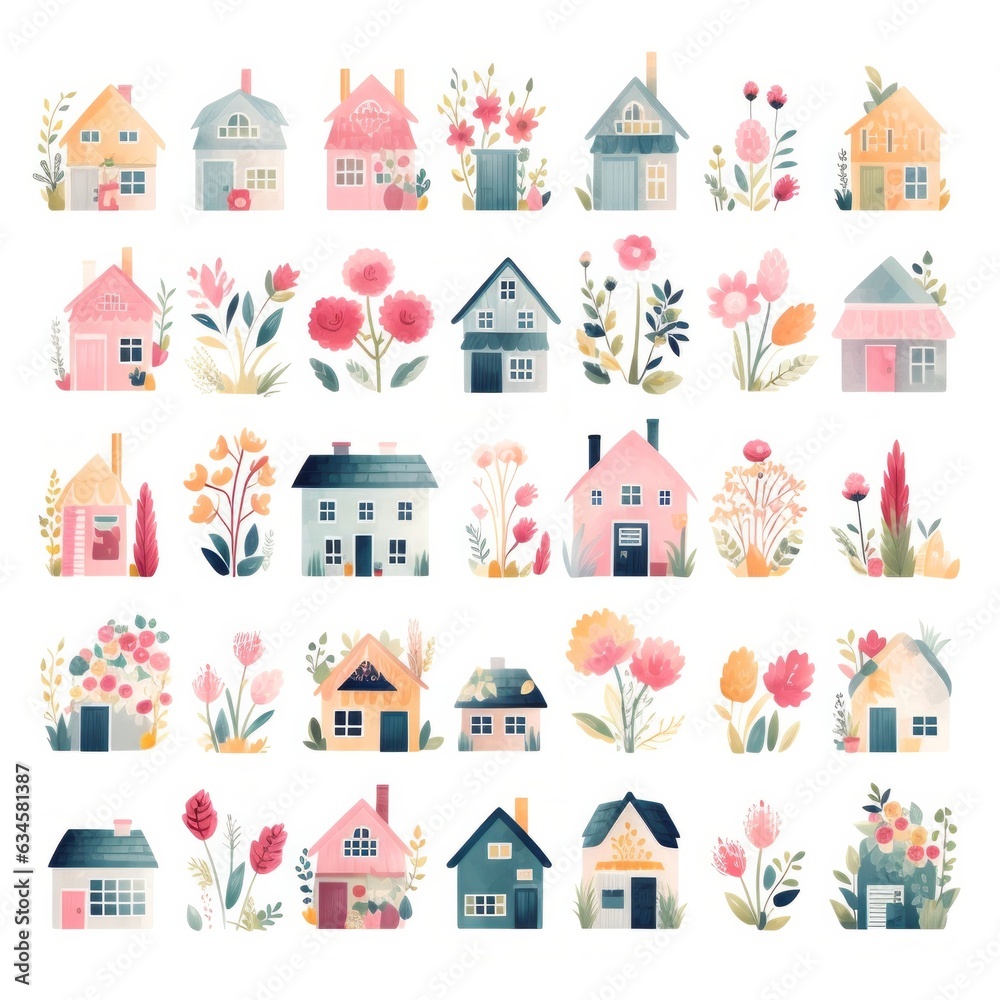 A delightful illustration of cartoon houses adorned with vibrant flowers radiates joy and a whimsical sense of home
