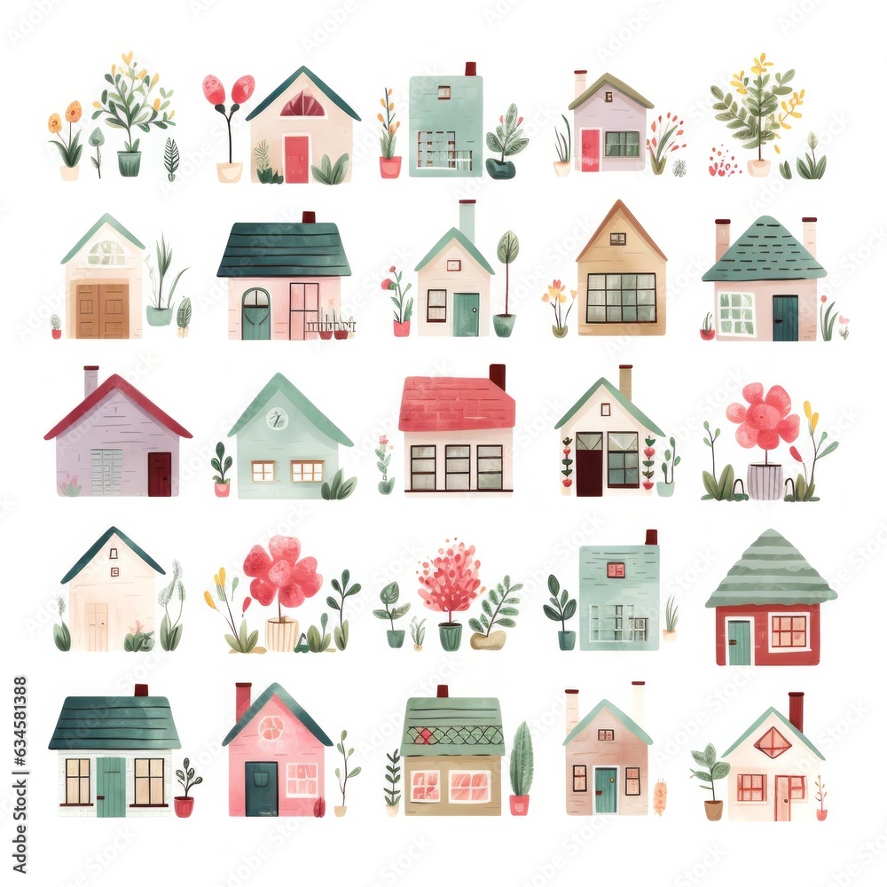 Fototapeta premium A breathtaking collection of colorful houses with lush, vibrant flowers and plants overflowing from every corner, creating a whimsical oasis of beauty and serenity