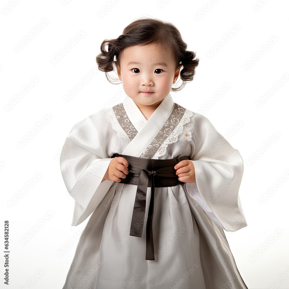 Studio shot of a cute Korean toddler wearing a tiny hanbok, isolated on a white background. Studio shot of a cute Korean toddler wearing a tiny hanbok, isolated on a white background.