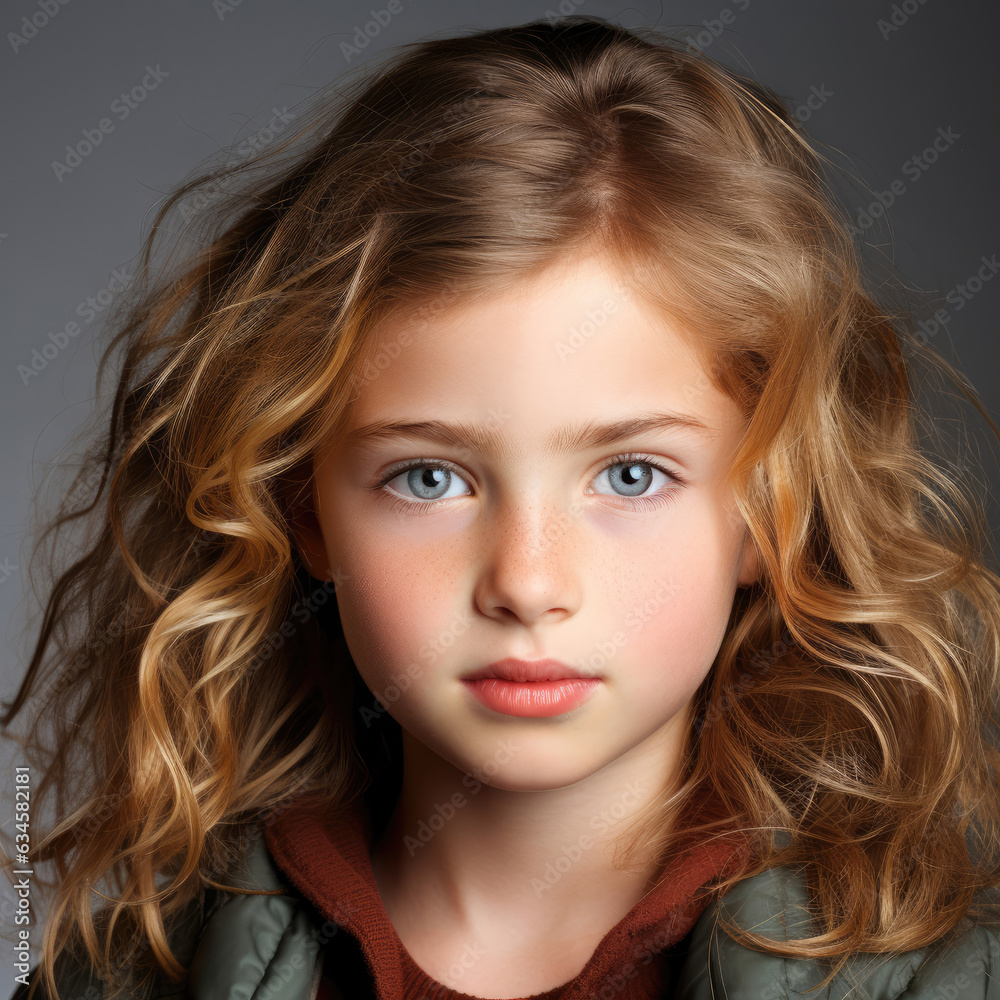 Professional studio head shot of an 8-year-old Irish girl with a lively expression in her eyes. Professional studio head shot of an 8-year-old Irish girl with a lively expression in her eyes.