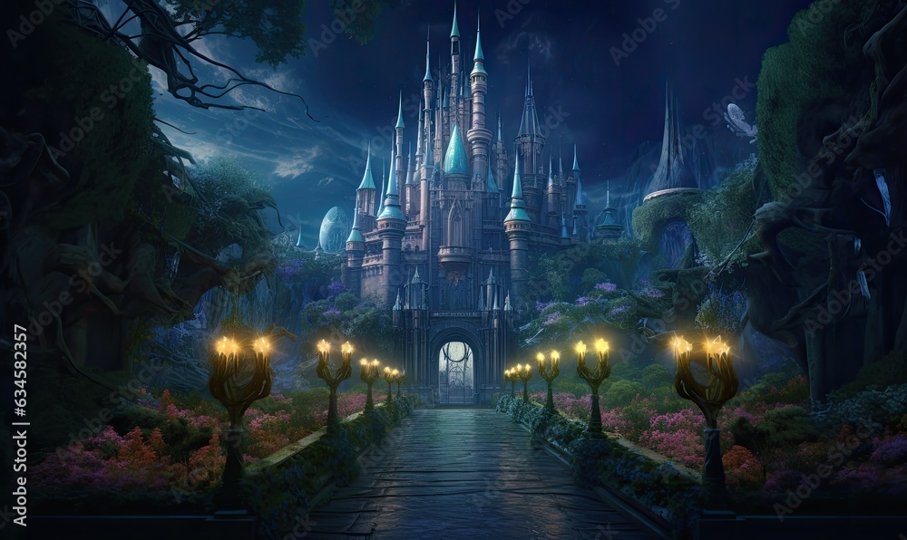 The moonlight casts a magical glow upon the glittering fantasy castle at night.