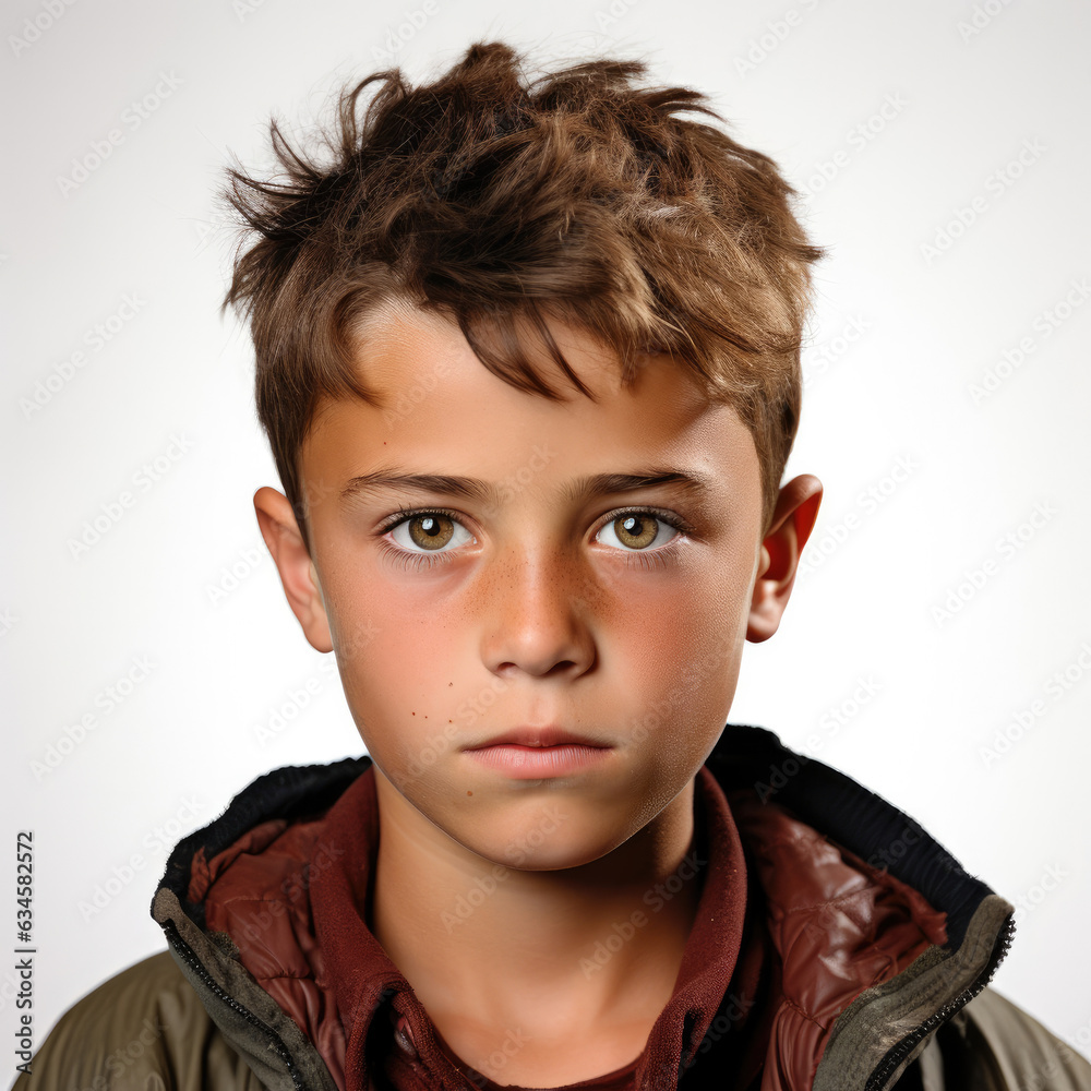 Professional studio head shot of a determined 10-year-old boy from Kosovo with a firm gaze. Professional studio head shot of a determined 10-year-old boy from Kosovo with a firm gaze.