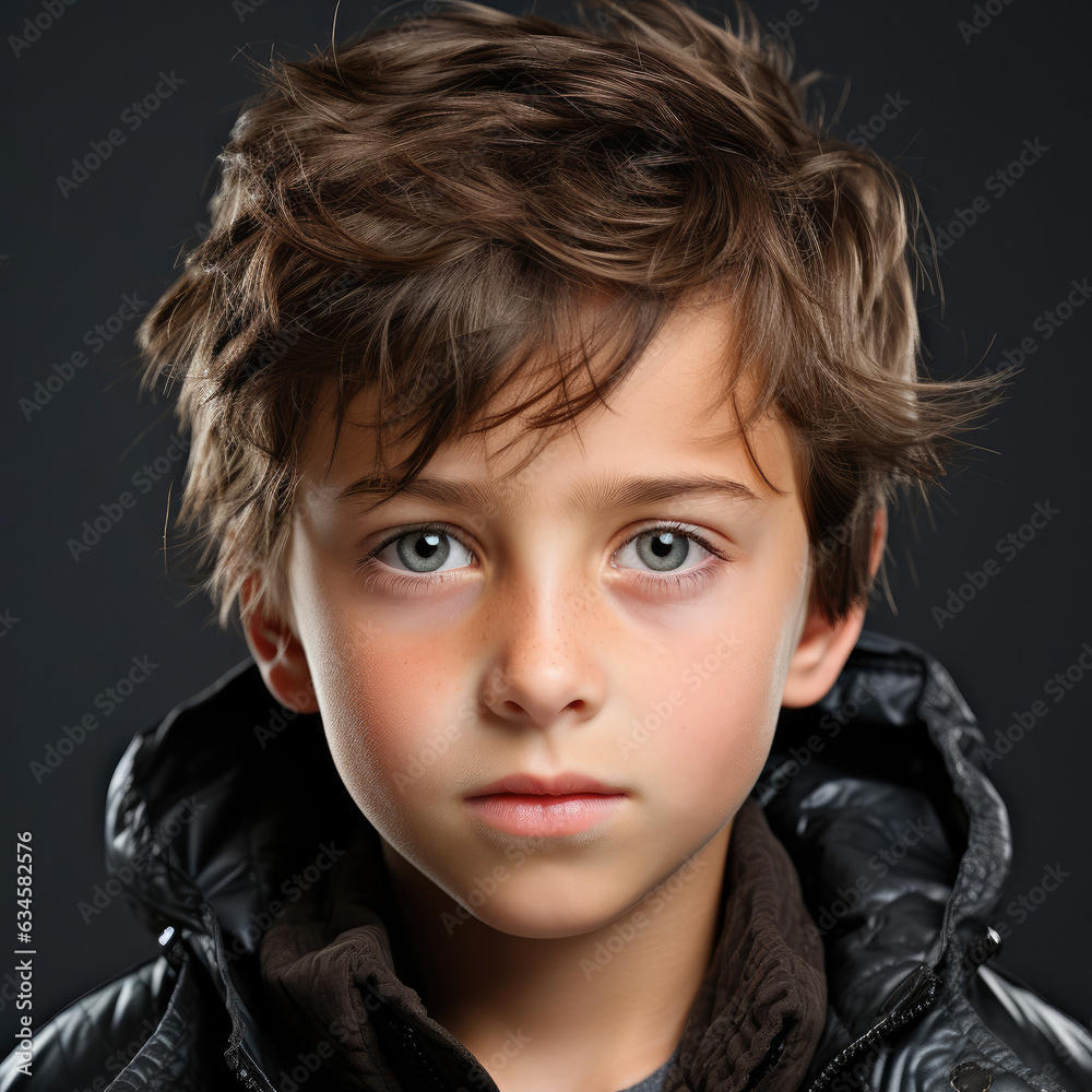 Professional studio head shot of a determined 10-year-old boy from Kosovo with a firm gaze. Professional studio head shot of a determined 10-year-old boy from Kosovo with a firm gaze.