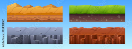 Game seamless ground and underground layer with sand hills, soil ground of grass field, stone and clay surface. Various natural textures of land cross sections - cartoon vector illustration set.