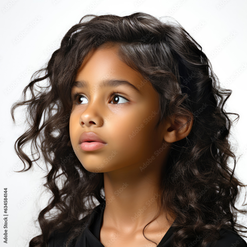 A professional studio headshot of a 10-year-old Sri Lankan girl gazing out of frame. A professional studio headshot of a 10-year-old Sri Lankan girl gazing out of frame.