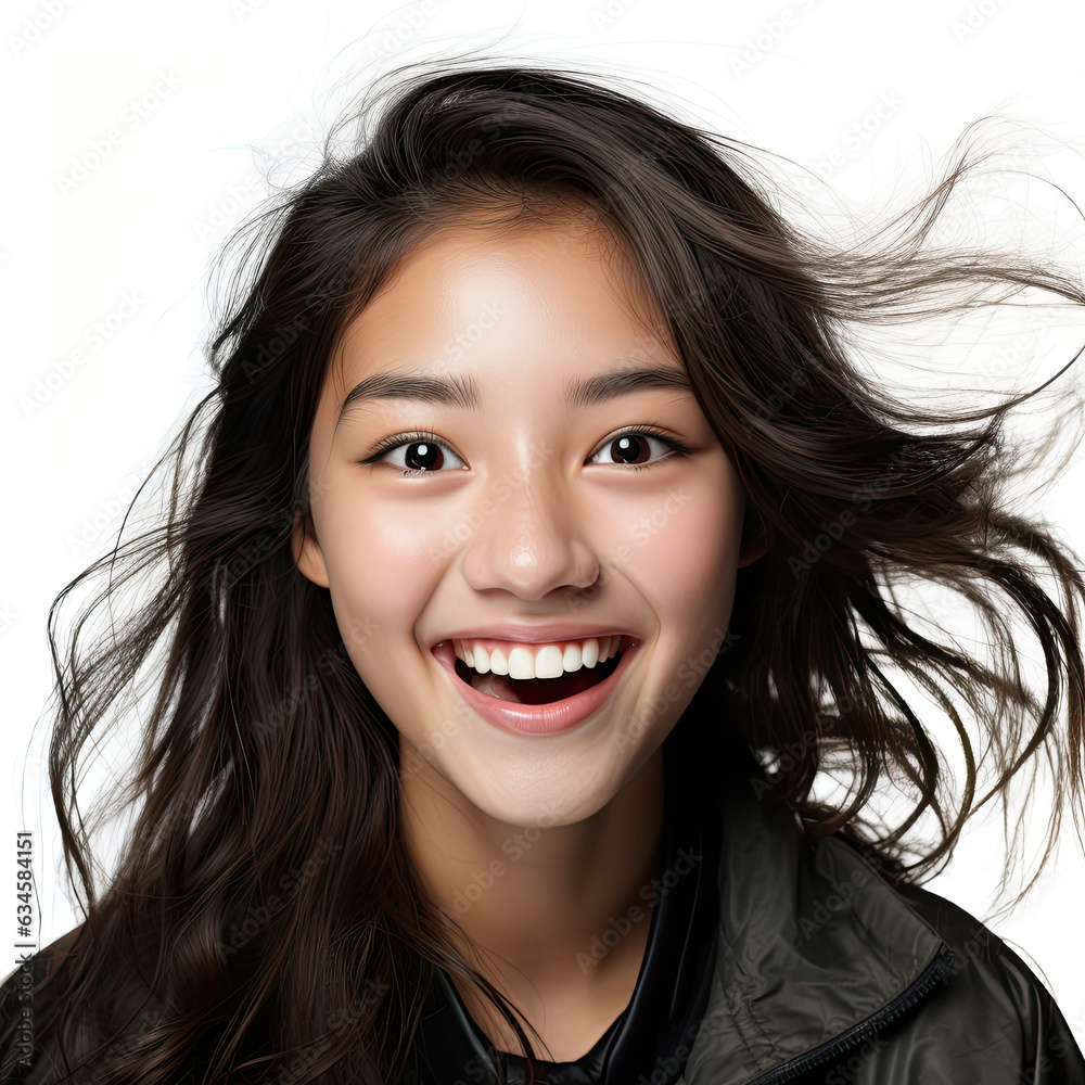 A professional studio head shot capturing the excitement of a 16-year-old Filipino girl with her eyes shining brightly. A professional studio head shot capturing the excitement of a 16-year-old Filipino girl with her eyes shining brightly.