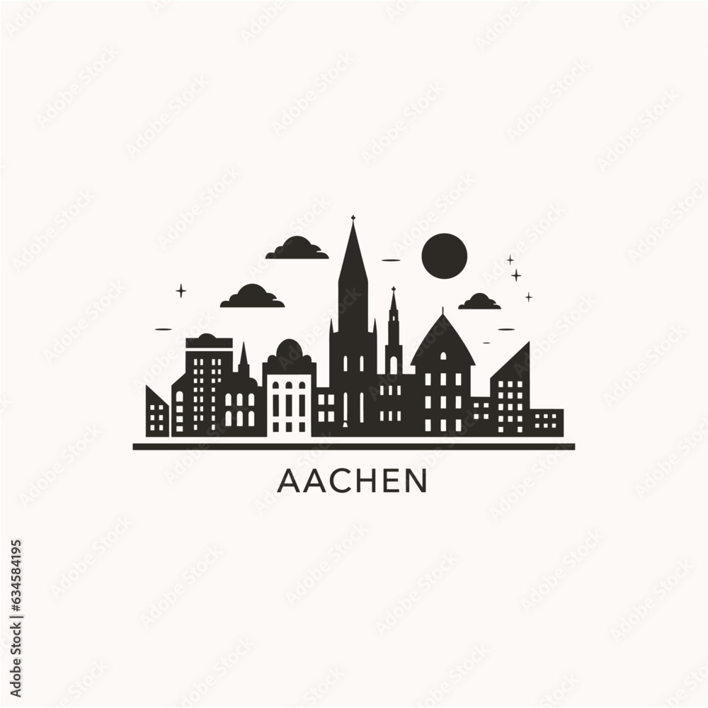 Germany Aachen cityscape skyline city panorama vector flat modern logo icon. North Rhine-Westphalia emblem idea with landmarks and building silhouettes at night