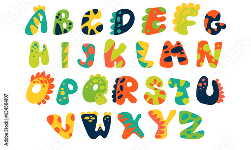 A set of Dino alphabet on a white background in cartoon style. Bright modern illustration for children, children's room, poster, postcard, birthday, packaging paper design, children's T-shirts