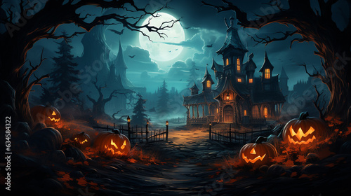 Halloween Under the Full Moon, Spooky Pumpkins Illuminate the Night in an Eerie Background