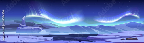 Aurora borealis shimmering above ice landscape. Vector cartoon illustration of colorful abstract northern lights in night sky with many stars, rocky mountains, frozen water surface, nordic nature