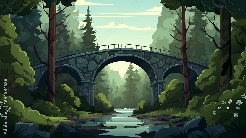 An illustration of a stone bridge over a river in the forest AI ...