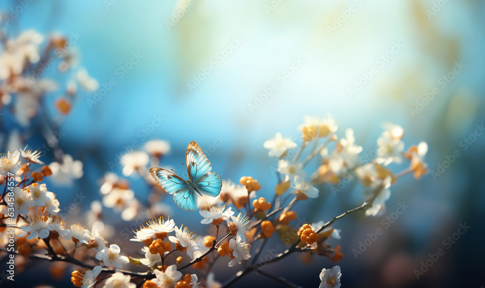 Blossom tree with beautiful butterfly.Spring background, branches of blossoming cherry against background of blue sky and butterflies on nature outdoors. Pink sakura flowers, dreamy romantic image Blossom tree with beautiful butterfly.Spring background, branches of blossoming cherry against background of blue sky and butterflies on nature outdoors. Pink sakura flowers, dreamy romantic image