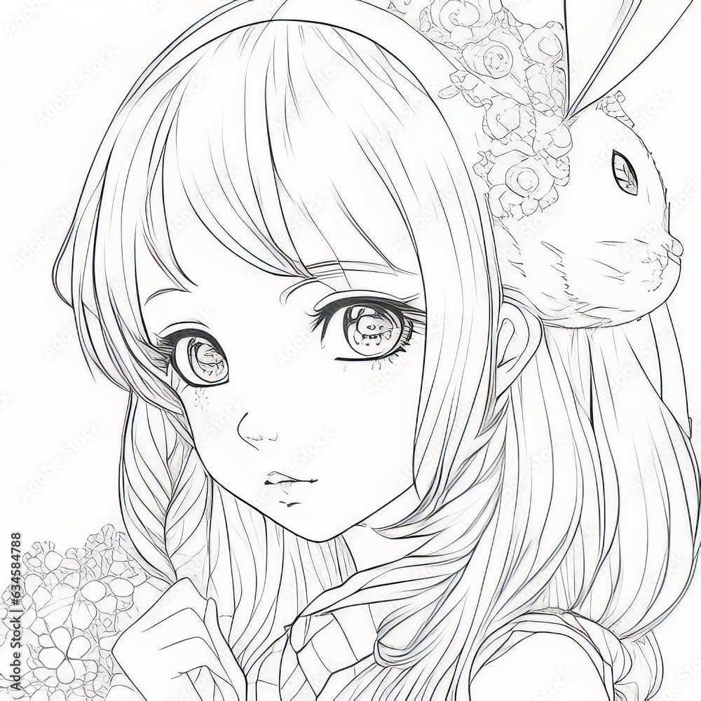 Page for Coloring Book: Bunny Anime Girl Portrait