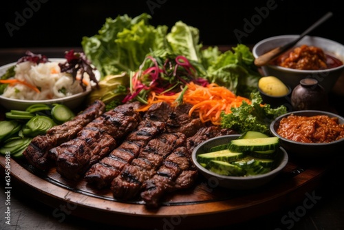 Traditional Korean Barbecue Spread with Grilled Meat and Lettuce Wraps, Generative AI