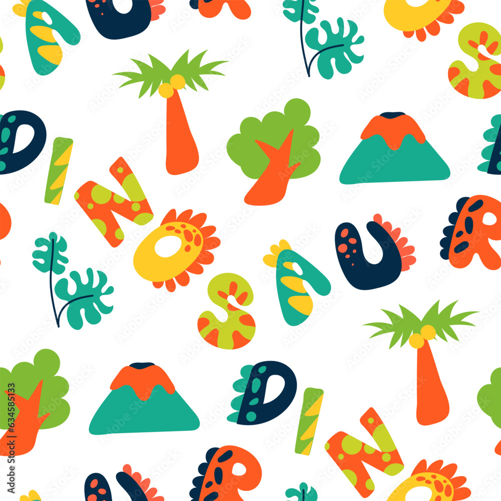 Fototapeta premium Tropical pattern with cartoon elements and the inscription dinosaurs. Children's bright leaves, trees, palm trees, volcanoes and lettering in bright color. Seamless baby texture for printing