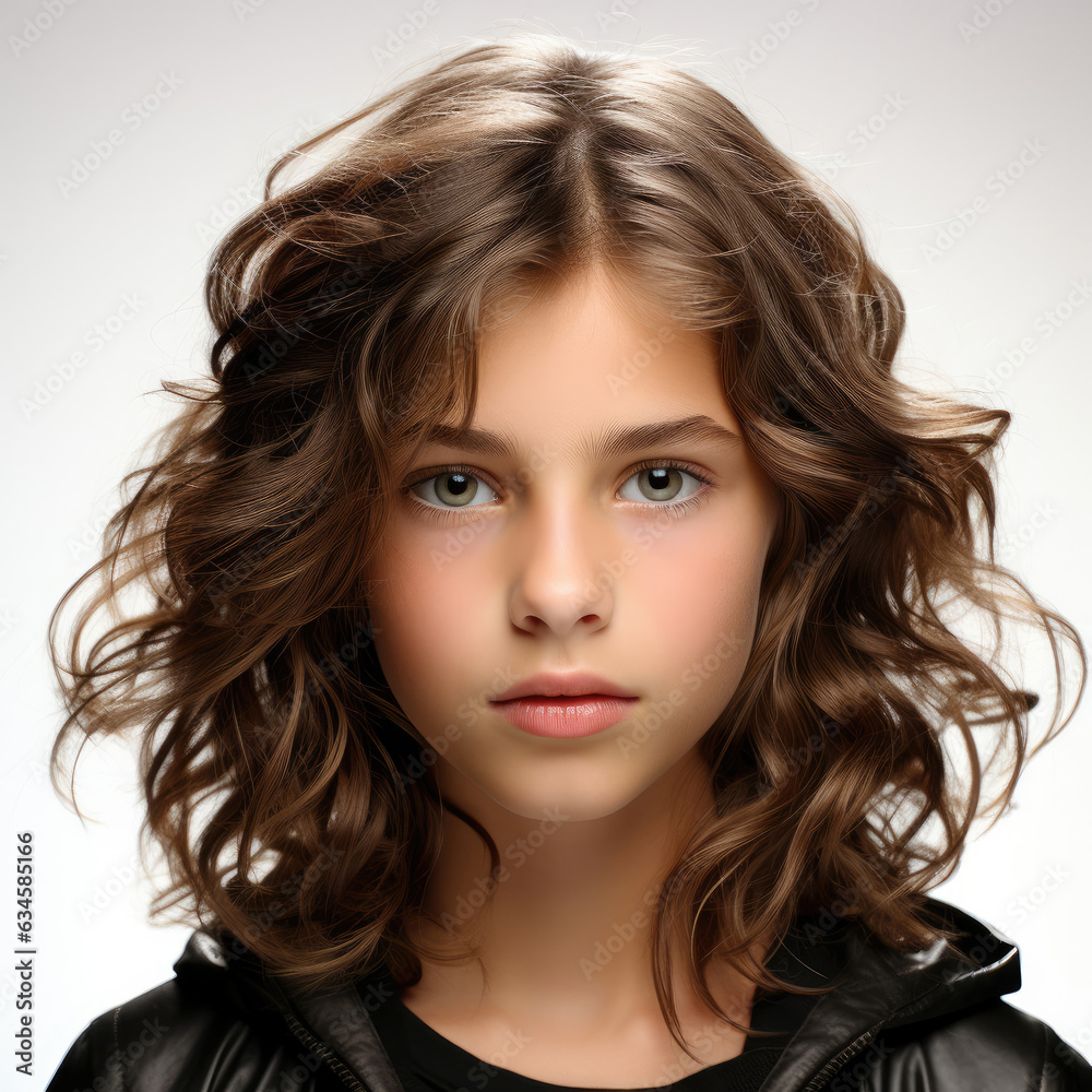 Professional studio head shot of a reflective 10-year-old Portuguese girl gazing out of frame.