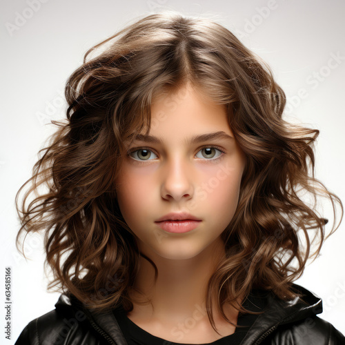 Professional studio head shot of a reflective 10-year-old Portuguese girl gazing out of frame.