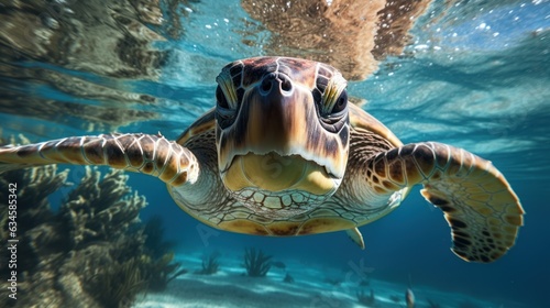 Sea turtles swim underwater with their head above the water. © sirisakboakaew