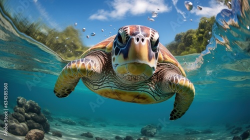 Sea turtles swim underwater with their head above the water.