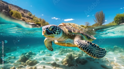 Sea turtles swim underwater with their head above the water. © sirisakboakaew