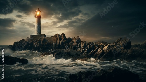 A lighthouse surrounded by waves and rocky shoreline AI Generated