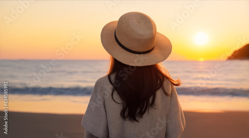 Young woman in a hat stands on the background of a beach looking at back on sunset by Generative AI