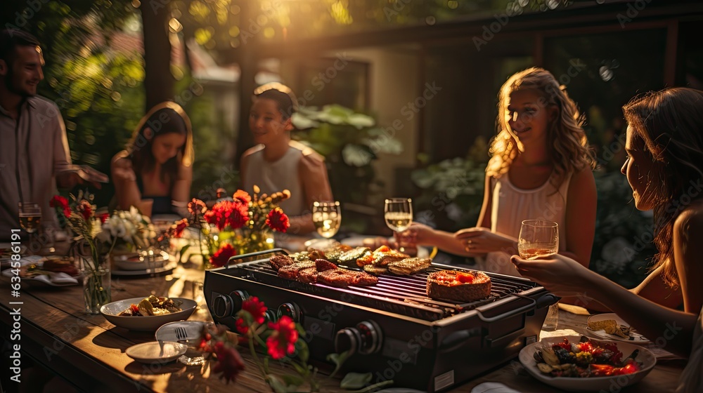 Family and Friends Enjoying Picnic Barbeque Grill in Garden, Focus on Sizzling Grill, Happy Gathering, Outdoor Cooking, Leisure Time, Celebration, Love and Togetherness, Summertime Feast