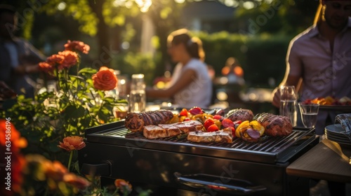 Family and Friends Enjoying Picnic Barbeque Grill in Garden, Focus on Sizzling Grill, Happy Gathering, Outdoor Cooking, Leisure Time, Celebration, Love and Togetherness, Summertime Feast
