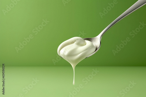 Spoon with fresh natural yogurt or cream, isolated on green background