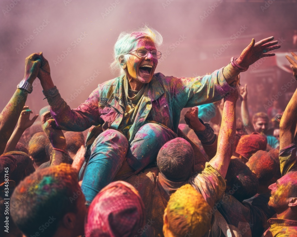 Older lady dancing and enjoy in festival of colors. Crazy atmosphere with a lot of people in crowded. Summer creative idea.