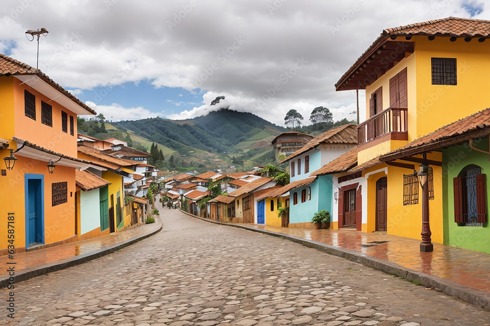 Colorful colonial houses on a cobblestone street in Guatape, Antioquia in Colombia, creative AI