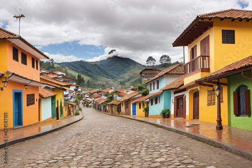 Colorful colonial houses on a cobblestone street in Guatape, Antioquia in Colombia, creative AI