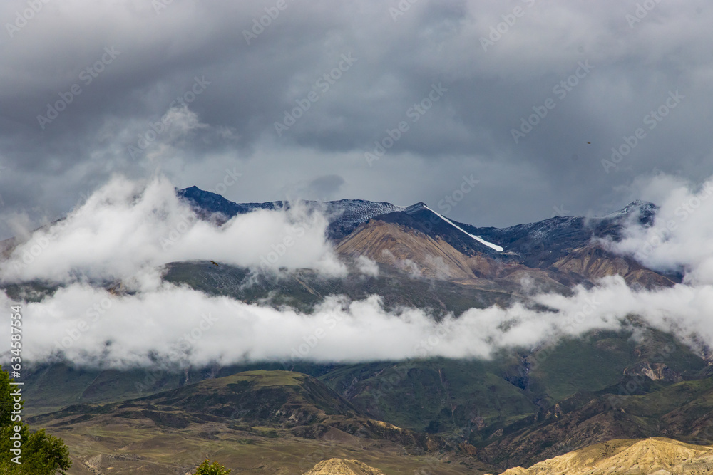Dark Moody Cloudy Mountains with Snow in the HImalaya of Upper Mustang Nepal