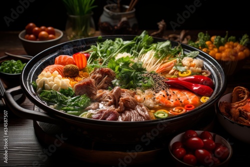 Traditional Chinese Hot Pot Filled with an Assortment of Fresh Ingredients and Savory Broth, Generative AI
