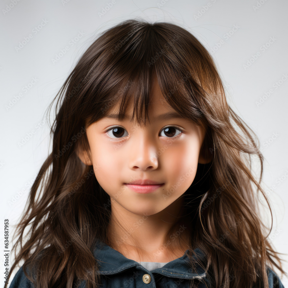 Professional studio head shot of a vibrant 7-year-old Mongolian girl with a zestful expression. Professional studio head shot of a vibrant 7-year-old Mongolian girl with a zestful expression.