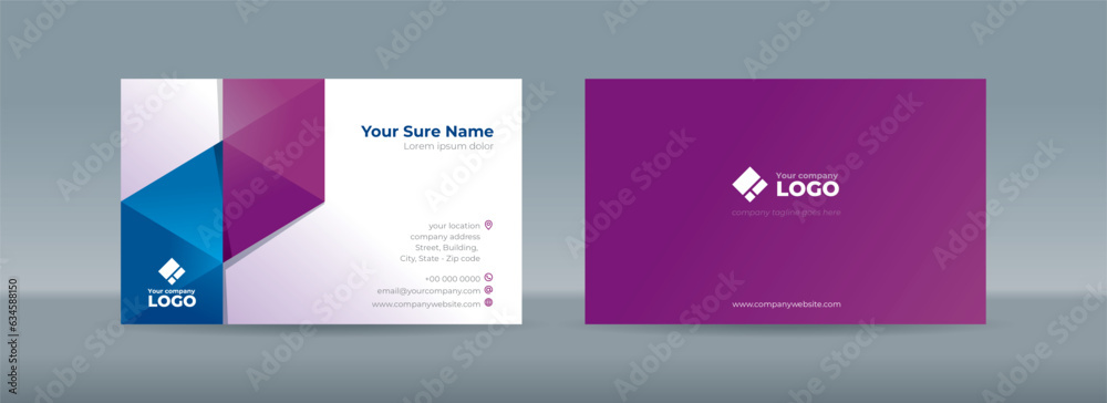 Set of double sided business card templates with blue and purple triangles arranged on white and purple background