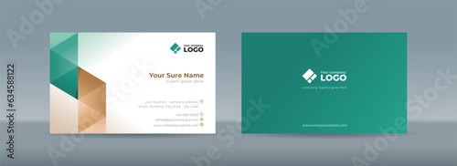 Set of double sided business card templates with green and brown triangles arranged on white and green background