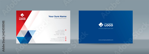 Set of double sided business card templates with blue and red triangles arranged on white and dark blue background