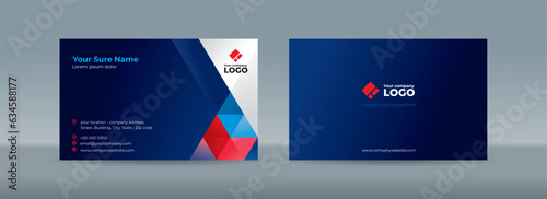 Set of double sided business card templates with blue and red triangles arranged on dark blue background